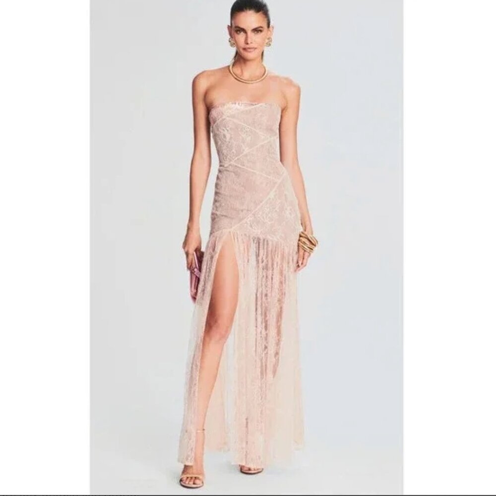 Retrofete Nicole Lace Dress Strapless in Dusty Peach  Semi Sheer Maxi Size Small